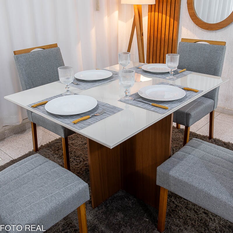 Mesa de Jantar Helo 120×90 Vidro Off/Base Mel Poliman + 4 Cad. Isabela Linho Cinza 05 Madeira Maciça KM Decor - Entregue Montada - Imagem 2