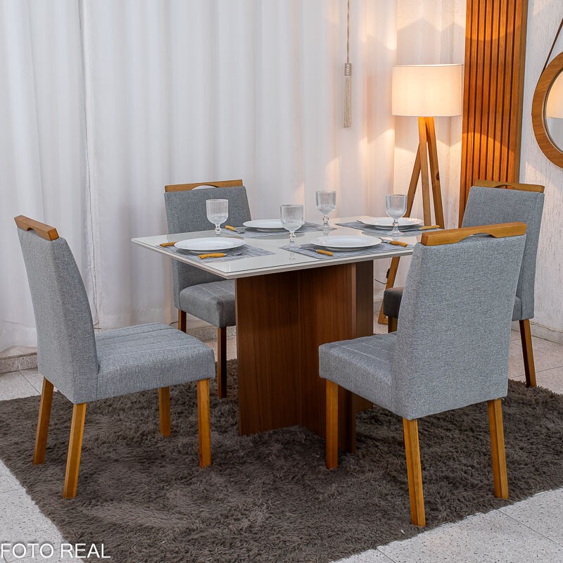 Mesa de Jantar Helo 120×90 Vidro Off/Base Mel Poliman + 4 Cad. Isabela Linho Cinza 05 Madeira Maciça KM Decor - Entregue Montada - Imagem 3