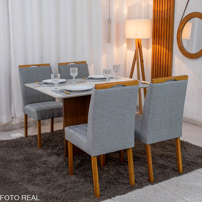 Mesa de Jantar Helo 120×90 Vidro Off/Base Mel Poliman + 4 Cad. Isabela Linho Cinza 05 Madeira Maciça KM Decor - Entregue Montada - Imagem 4