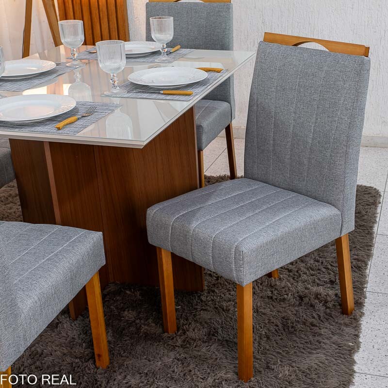 Mesa de Jantar Helo 120×90 Vidro Off/Base Mel Poliman + 4 Cad. Isabela Linho Cinza 05 Madeira Maciça KM Decor - Entregue Montada - Imagem 5