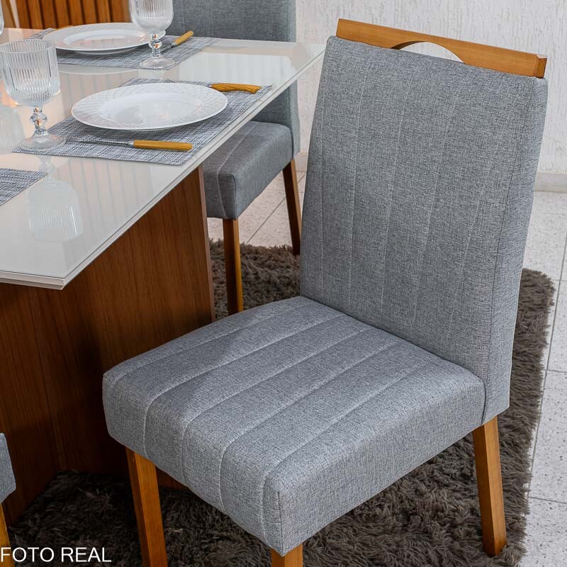 Mesa de Jantar Helo 120×90 Vidro Off/Base Mel Poliman + 4 Cad. Isabela Linho Cinza 05 Madeira Maciça KM Decor - Entregue Montada - Imagem 6