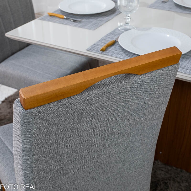 Mesa de Jantar Helo 120×90 Vidro Off/Base Mel Poliman + 4 Cad. Isabela Linho Cinza 05 Madeira Maciça KM Decor - Entregue Montada - Imagem 7