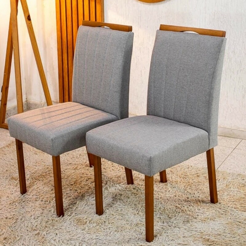 Mesa de Jantar Moscou 90x90 Vidro Off/Cinamomo Minas Plac + 4 Cadeiras Isabela Linho Cinza 05 Madeira Maciça KM Decor - Entregue Montada - Imagem 2