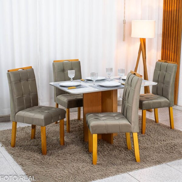 Mesa de Jantar Moscou 120x80 Vidro Off/Base Cinamomo + 4 Cad. Londres Veludo Avelã Madeira Maciça Minas Plac - Entregue Montada