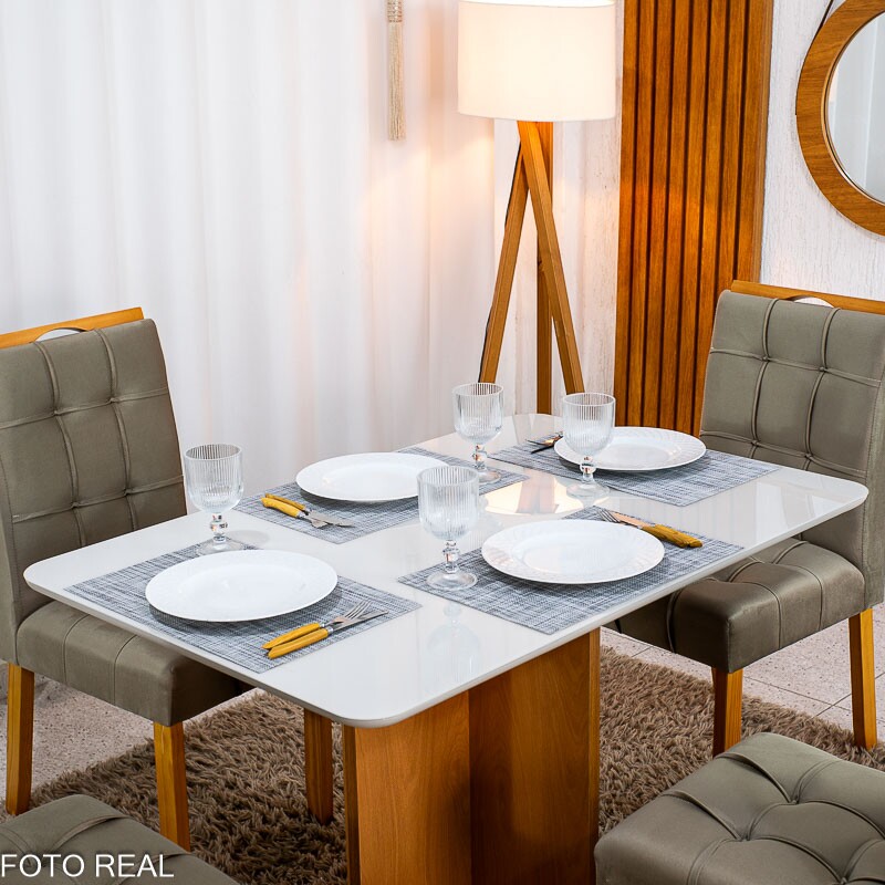 Mesa de Jantar Moscou 120x80 Vidro Off/Base Cinamomo + 4 Cad. Londres Veludo Avelã Madeira Maciça Minas Plac - Entregue Montada - Imagem 2