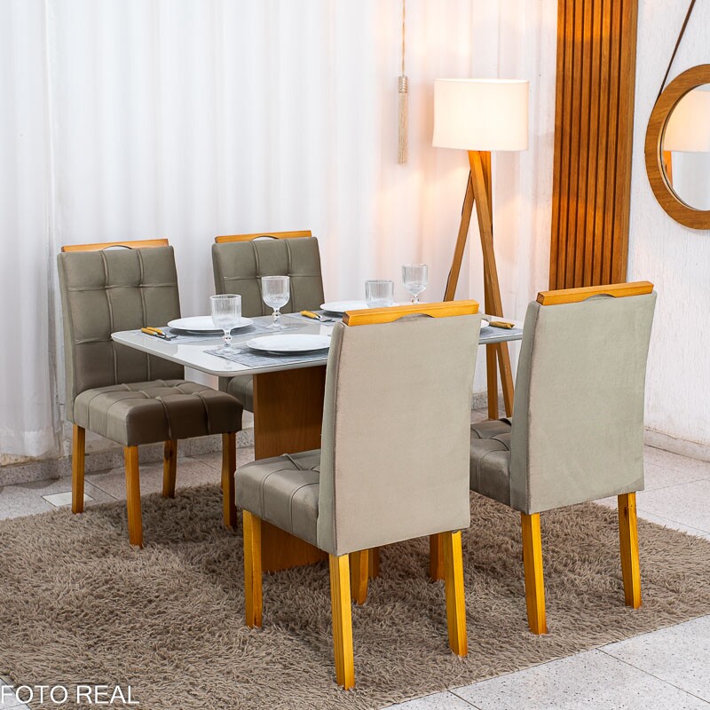 Mesa de Jantar Moscou 120x80 Vidro Off/Base Cinamomo + 4 Cad. Londres Veludo Avelã Madeira Maciça Minas Plac - Entregue Montada - Imagem 3