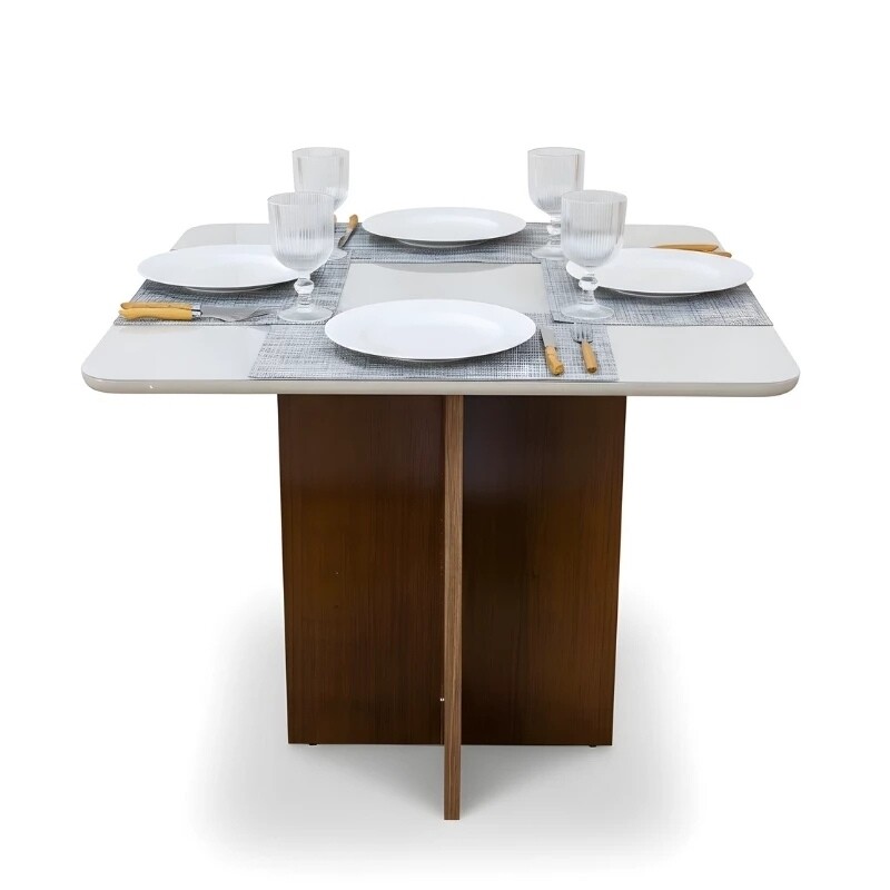Mesa de Jantar Moscou 90x90 Vidro Off/Cinamomo Minas Plac + 4 Cadeiras Isabela Linho Cinza 05 Madeira Maciça KM Decor - Entregue Montada - Imagem 4