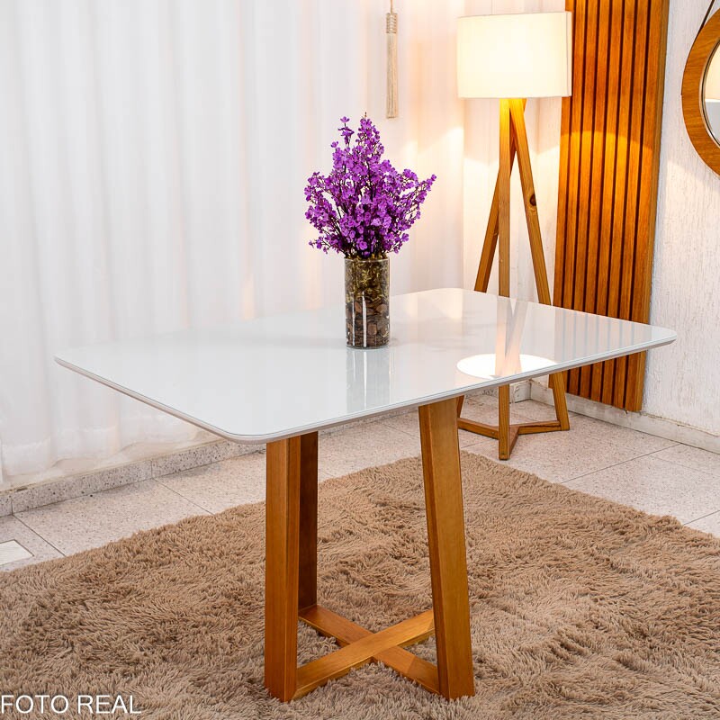 Mesa de Jantar Pedro 120x80 Vidro Off/Base Madeira Art Assento - Imagem 2