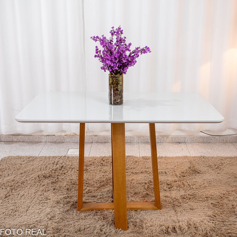 Mesa de Jantar Pedro 120x80 Vidro Off/Base Madeira Art Assento - Imagem 3