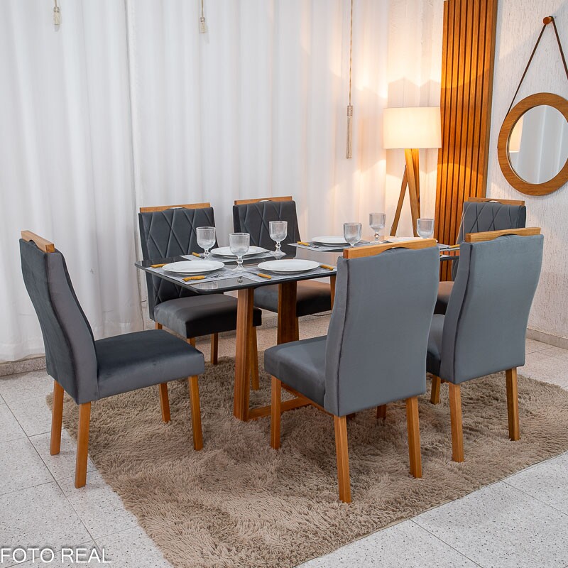 Mesa de Jantar Pedro 160×80 Vidro Grafite/Base Madeira + 6 Cad. Lisboa Veludo Cinza 507 Madeira Art Assento - Entregue Montada - Imagem 3