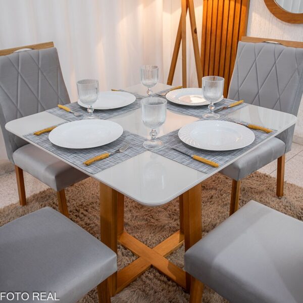 Alternative view of Mesa de Jantar Pedro 90x90 Vidro Off/Base Madeira + 4 Cad. Lisboa Veludo Prata 514 Madeira Art Assento - Entregue Montada