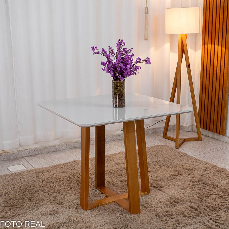 Mesa de Jantar Pedro 90x90 Vidro Off/Base Madeira + 4 Cad. Lisboa Veludo Bege 512 Madeira Art Assento - Entregue Montada - Imagem 7