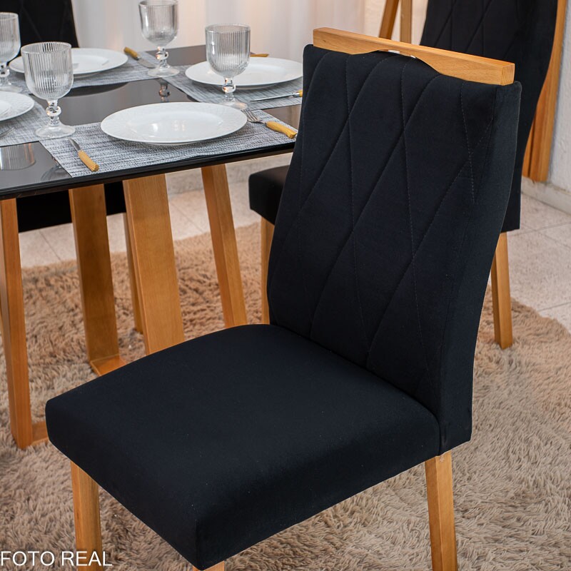 Mesa de Jantar Pedro 90x90 Vidro Preto/Base Madeira + 4 Cad. Lisboa Veludo Preto 504 Madeira Art Assento - Entregue Montada - Imagem 5