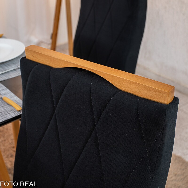 Mesa de Jantar Pedro 90x90 Vidro Preto/Base Madeira + 4 Cad. Lisboa Veludo Preto 504 Madeira Art Assento - Entregue Montada - Imagem 6