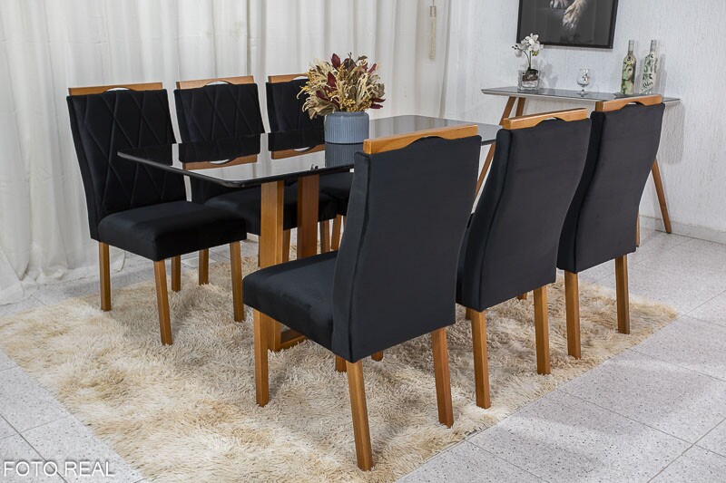 Mesa de Jantar Pedro Mel Vidro Preto 160×80 6 Cadeiras Lisboa Veludo Preto 504 Madeira Maciça Art Assento - Entregue Montada