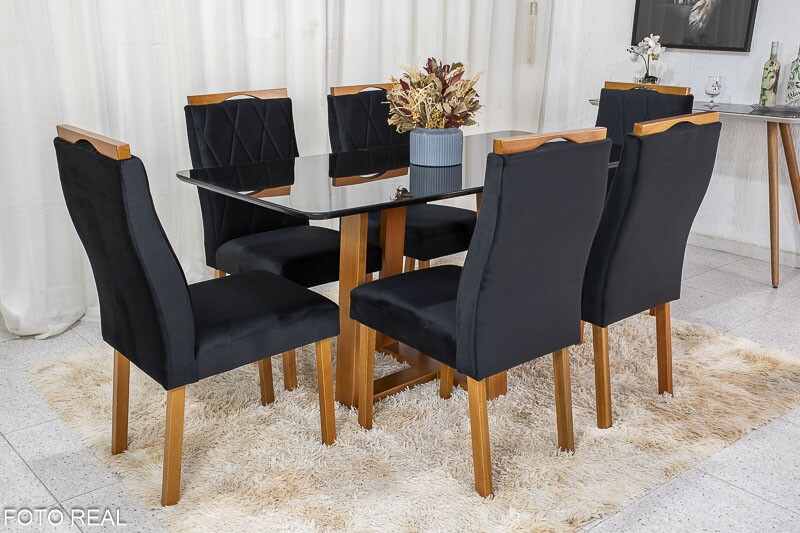 Mesa de Jantar Pedro Mel Vidro Preto 160×80 6 Cadeiras Lisboa Veludo Preto 504 Madeira Maciça Art Assento - Entregue Montada - Imagem 2