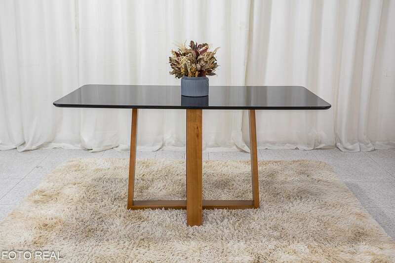 Mesa de Jantar Pedro Mel Vidro Preto 160×80 6 Cadeiras Lisboa Veludo Preto 504 Madeira Maciça Art Assento - Entregue Montada - Imagem 5