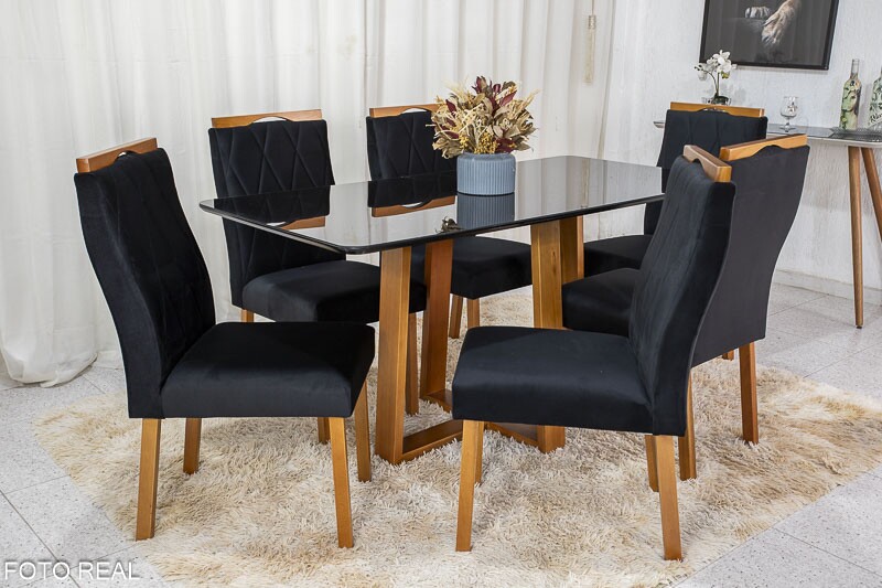 Mesa de Jantar Pedro Mel Vidro Preto 160×80 6 Cadeiras Lisboa Veludo Preto 504 Madeira Maciça Art Assento - Entregue Montada - Imagem 3