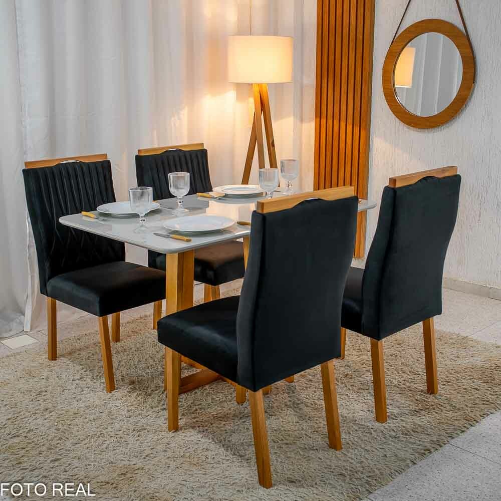 Mesa de Jantar Pedro 120×80 Vidro Off/Base Madeira + 4 Cad. Gênova Veludo Preto 504 Madeira Art Assento - Entregue Montada