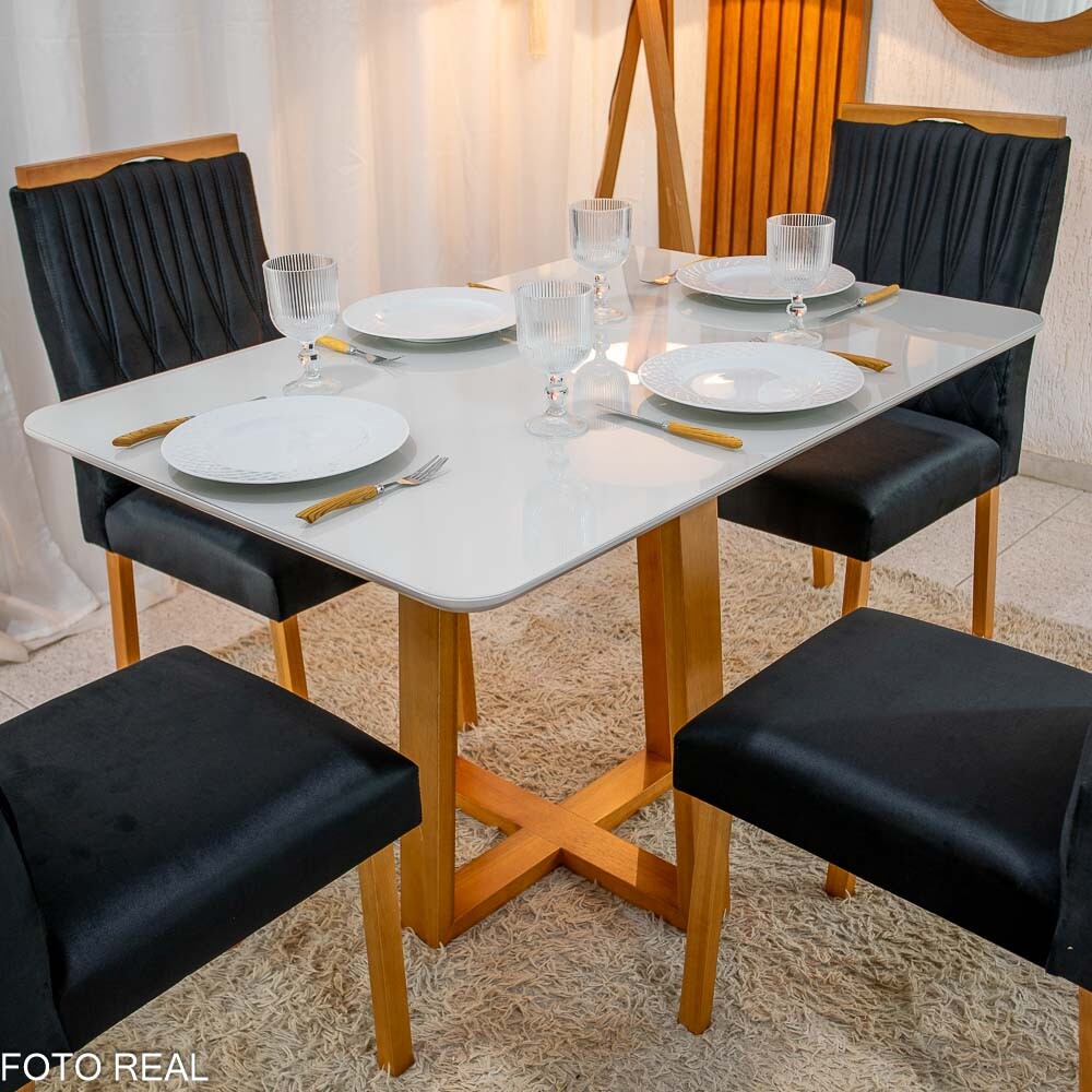 Mesa de Jantar Pedro 120×80 Vidro Off/Base Madeira + 4 Cad. Gênova Veludo Preto 504 Madeira Art Assento - Entregue Montada - Imagem 3