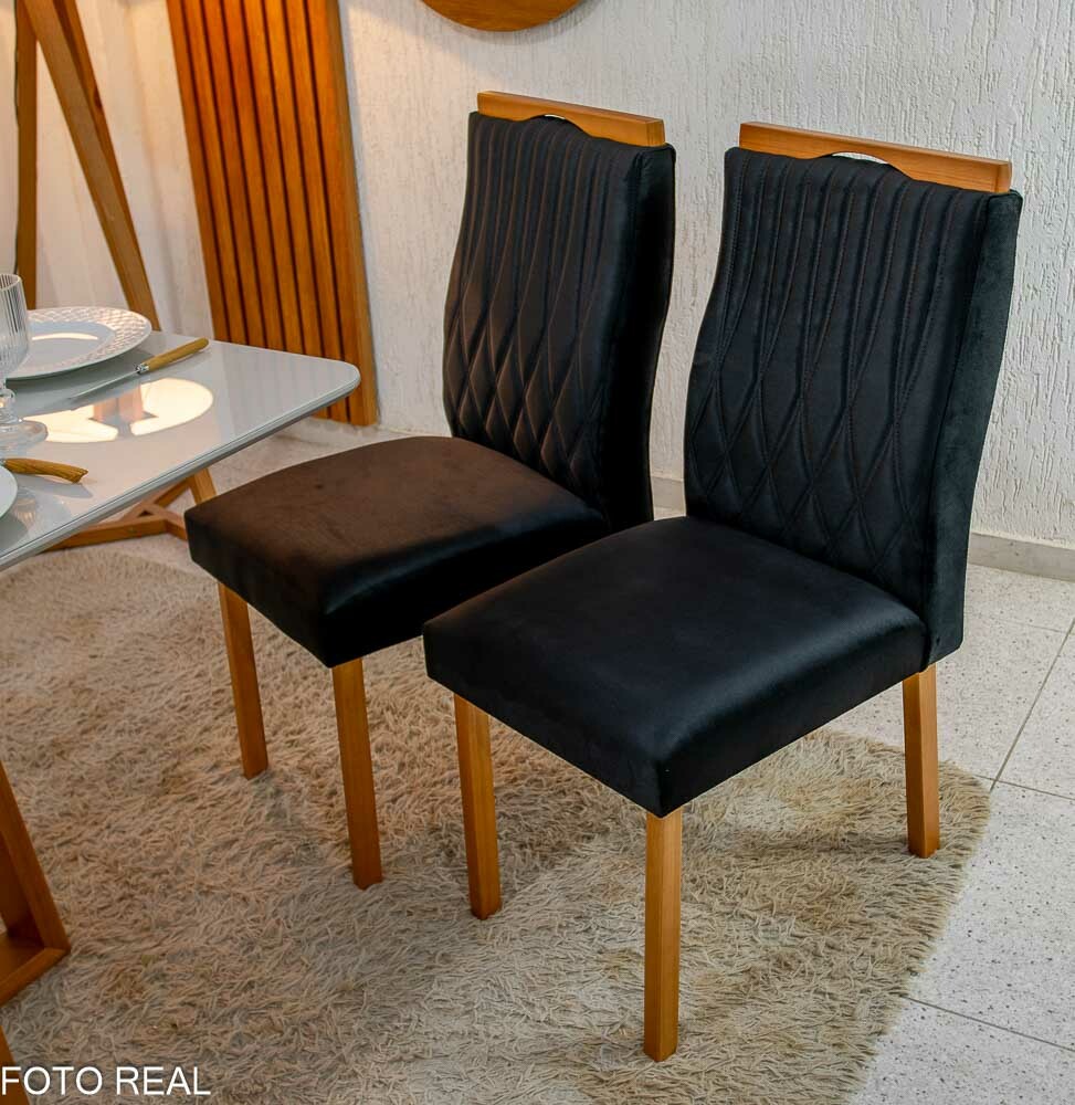 Mesa de Jantar Pedro 120×80 Vidro Off/Base Madeira + 4 Cad. Gênova Veludo Preto 504 Madeira Art Assento - Entregue Montada - Imagem 4