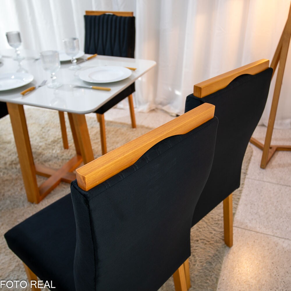 Mesa de Jantar Pedro 120×80 Vidro Off/Base Madeira + 4 Cad. Gênova Veludo Preto 504 Madeira Art Assento - Entregue Montada - Imagem 5