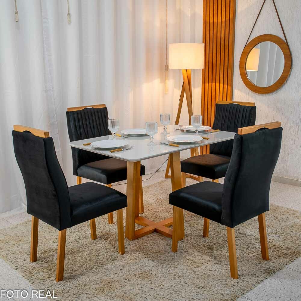 Mesa de Jantar Pedro 120×80 Vidro Off/Base Madeira + 4 Cad. Gênova Veludo Preto 504 Madeira Art Assento - Entregue Montada - Imagem 2