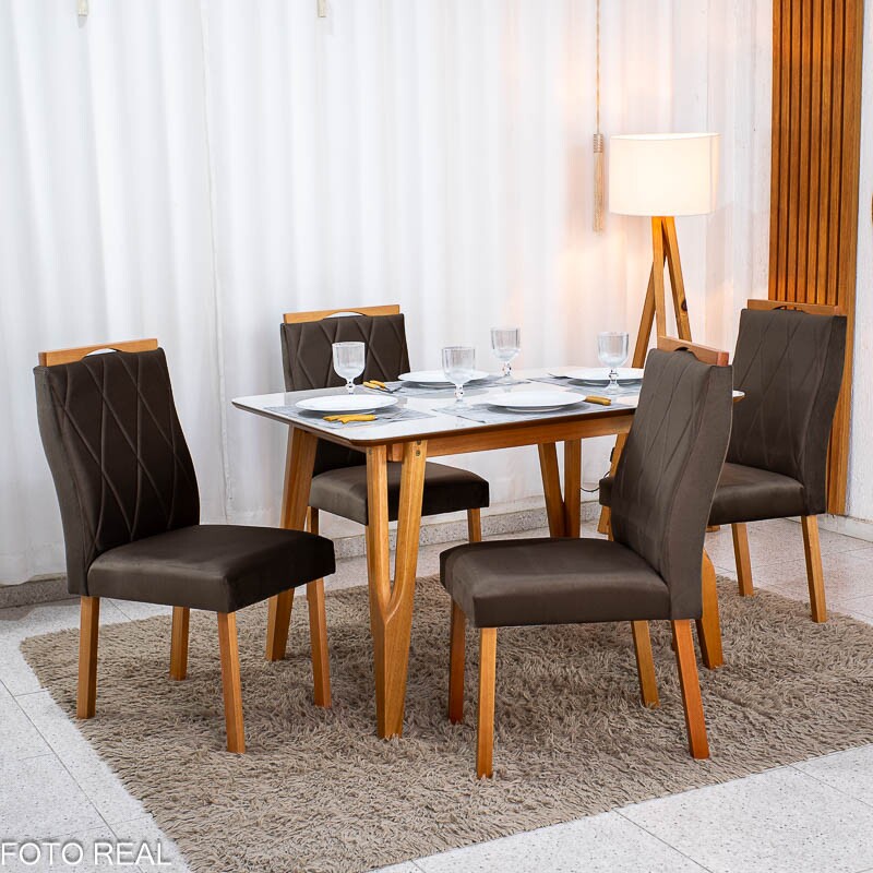 Mesa de Jantar Siena 120x90 Vidro Off/Base Madeira + 4 Cad. Lisboa Veludo Marrom 509 Madeira Entregue Montada - Art Assento - Imagem 3