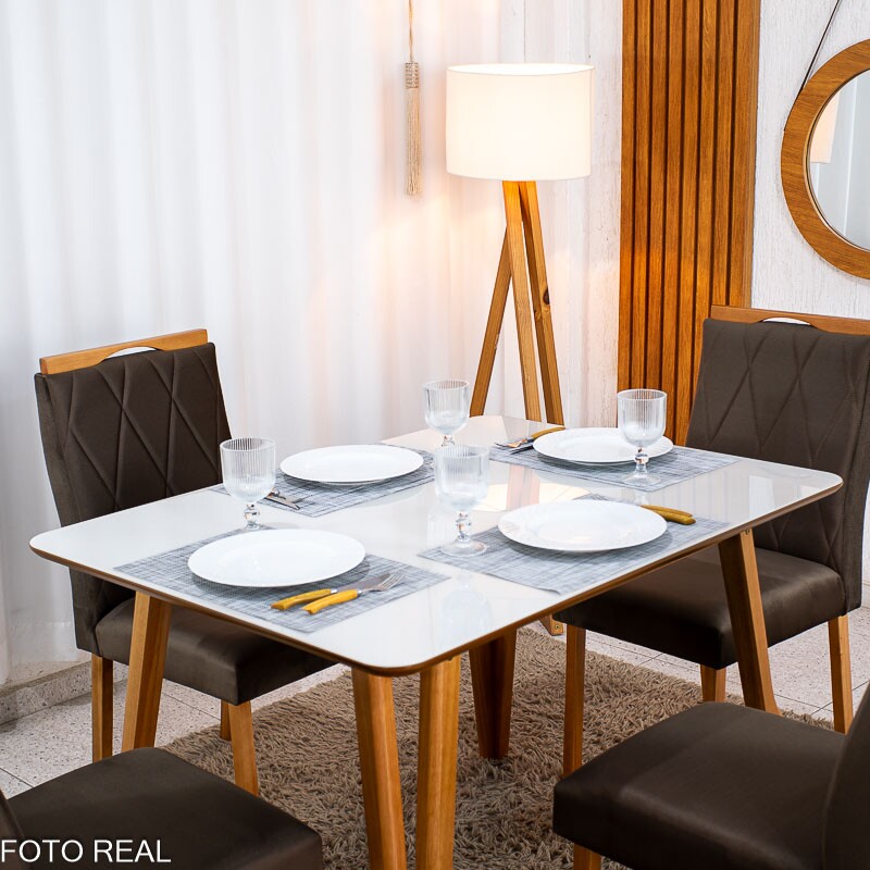 Mesa de Jantar Siena 120x90 Vidro Off/Base Madeira + 4 Cad. Lisboa Veludo Marrom 509 Madeira Entregue Montada - Art Assento - Imagem 2