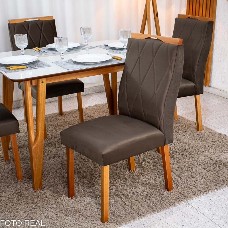 Mesa de Jantar Siena 120x90 Vidro Off/Base Madeira + 4 Cad. Lisboa Veludo Marrom 509 Madeira Entregue Montada - Art Assento - Imagem 4