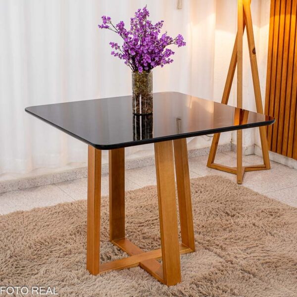 Alternative view of Mesa Pedro 90x90 Vidro Preto/Base Madeira Art Assento - Entregue Montada