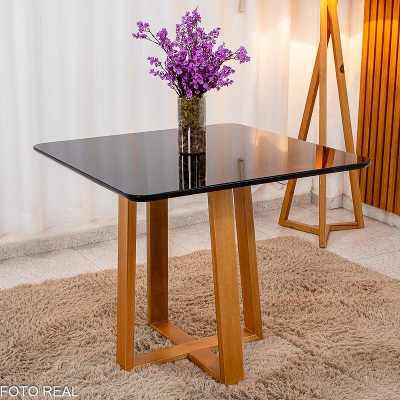 Mesa de Jantar Pedro 90x90 Vidro Preto/Base Madeira + 4 Cad. Lisboa Veludo Preto 504 Madeira Art Assento - Entregue Montada - Imagem 7