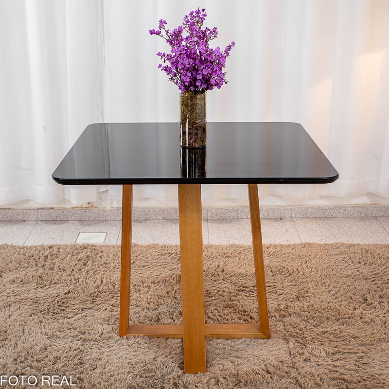 Mesa Pedro 90x90 Vidro Preto/Base Madeira Art Assento - Entregue Montada - Imagem 3