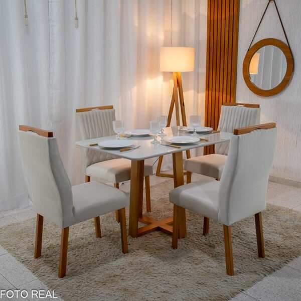 Mesa Pedro 120×80 Vidro Off/Base Madeira + 4 Cad. Gênova Veludo Bege 512 Madeira Art Assento - Entregue Montada