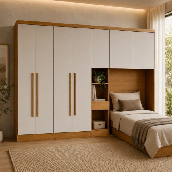Modulado Solteiro Cumaru/Fendi Fosco 1 Roupeiro Rizon 4 Pts + 1 Criado Rizon + 1 Aéreo 2 portas Rizon - Novo Horizonte