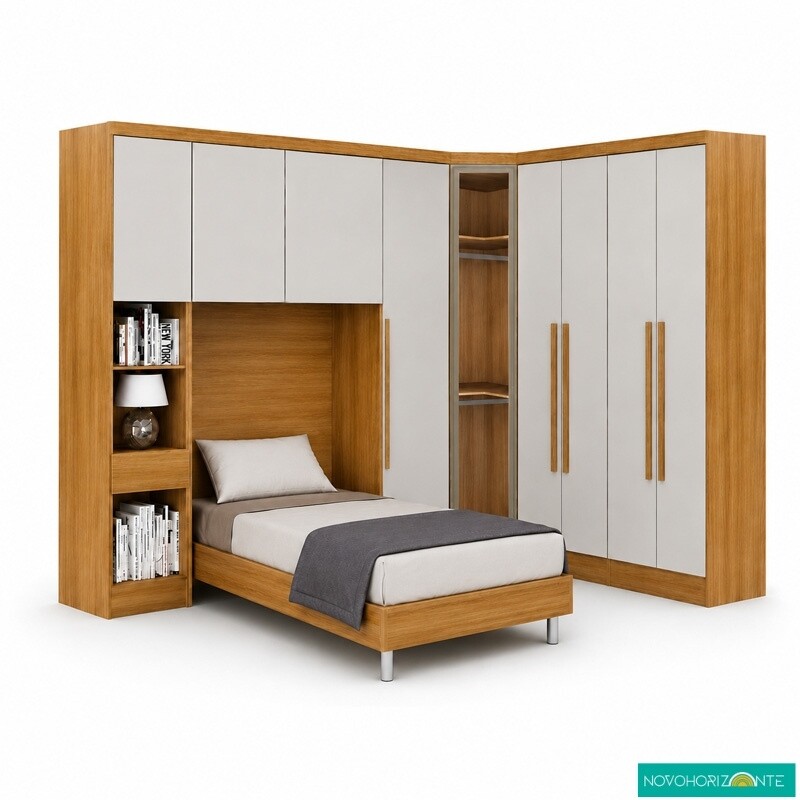 Modulado Solteiro Cumaru/Fendi Fosco 1 Roupeiro Rizon 4 Pts + 1 Criado Rizon + 1 Canto Oblíquo Rizon C/Porta de Vidro + 1 Modulado Rizon 1 Porta + 1 Aéreo 2 portas Rizon - Novo Horizonte - Imagem 3