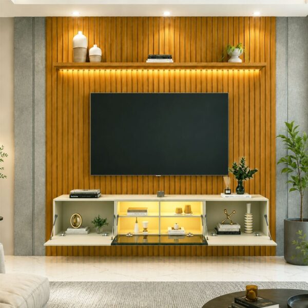Alternative view of Painel Nobre Larg. 1.85m Naturale Ripado + Nicho Larg. 1.51m Luminare Off C/Led para TV até 75" - Gelius