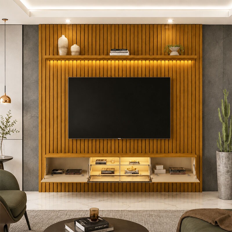 Painel Nobre Larg. 1.85m Naturale Ripado + Nicho Larg. 1.51m Luminare Naturale C/Led para TV até 75" - Gelius - Imagem 2