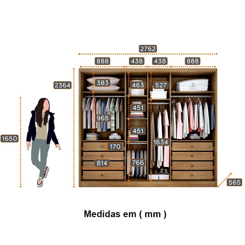 Roupeiro Casal Robust Plus Cumaru/Fendi Fosco 6 Portas 8 Gavetas 100% MDF Larg. 2.76m - Novo Horizonte - Imagem 3