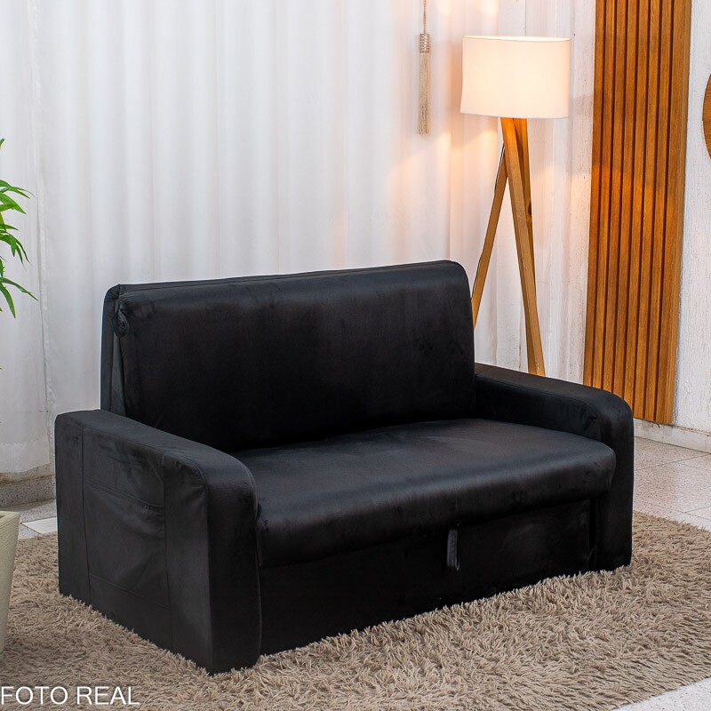 Sofá Cama Daiane Larg. 1.40m C/Baú Veludinho Preto 379/451
