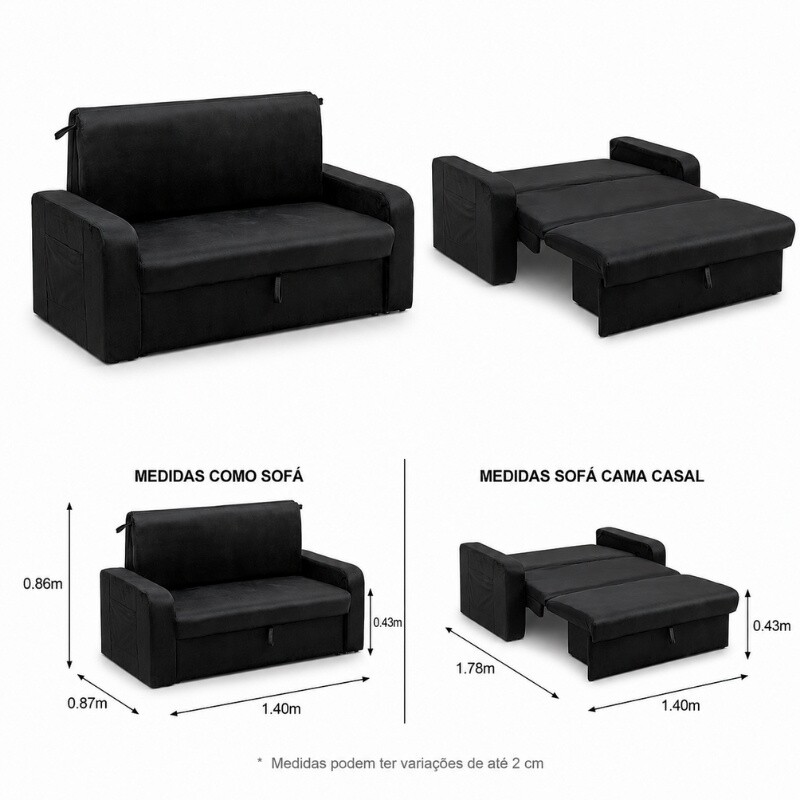 Sofá Cama Daiane Larg. 1.40m C/Baú Veludinho Preto 379/451 - Imagem 2