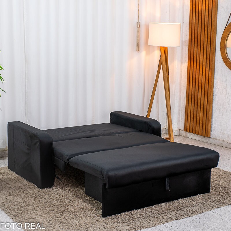 Sofá Cama Daiane Larg. 1.40m C/Baú Veludinho Preto 379/451 - Imagem 5