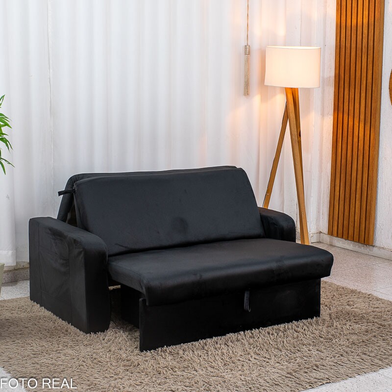 Sofá Cama Daiane Larg. 1.40m C/Baú Veludinho Preto 379/451 - Imagem 7