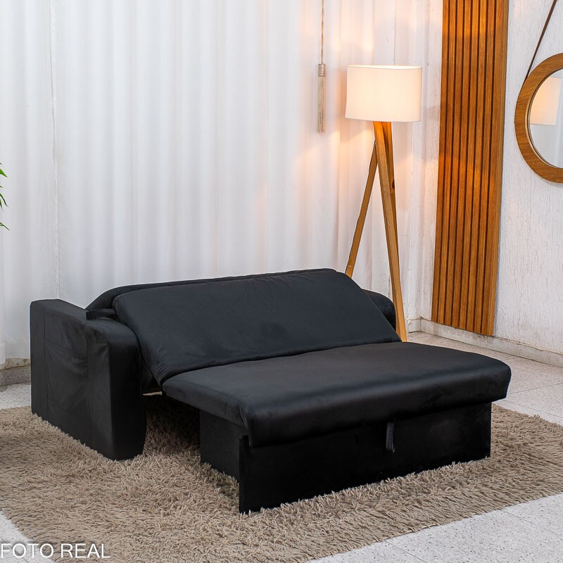 Sofá Cama Daiane Larg. 1.40m C/Baú Veludinho Preto 379/451 - Imagem 8