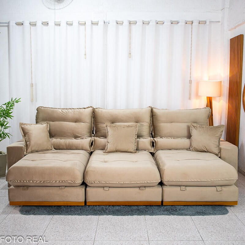Sofá Retrátil Reclinável Mônaco 3.20m Veludo Bege A32 - Molas Ensacadas - Imagem 5