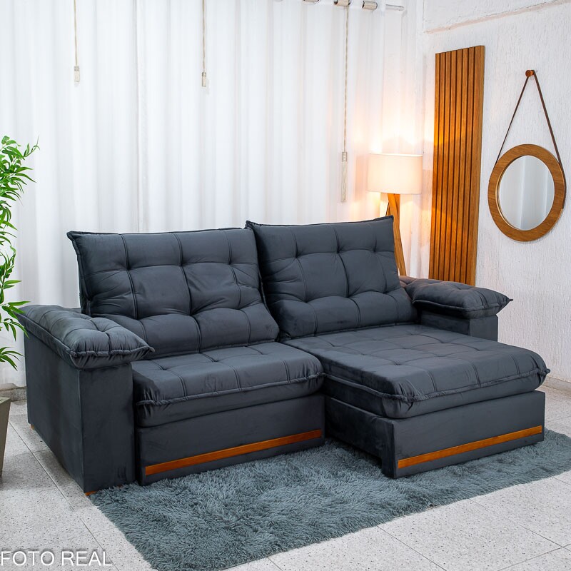 Sofá Retrátil Reclinável Mariana 2.30m Veludo Chumbo 330 - D33 e Molas Ensacadas - Imagem 4