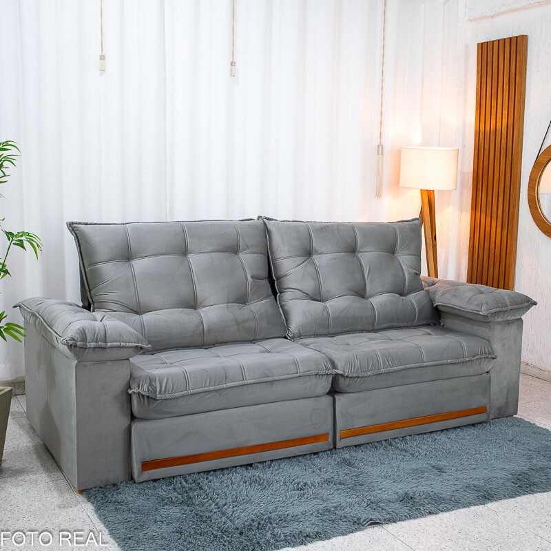Sofá Retrátil Reclinável Mariana 2.30m Veludo Prata 321 - D33 e Molas Ensacadas - Imagem 3