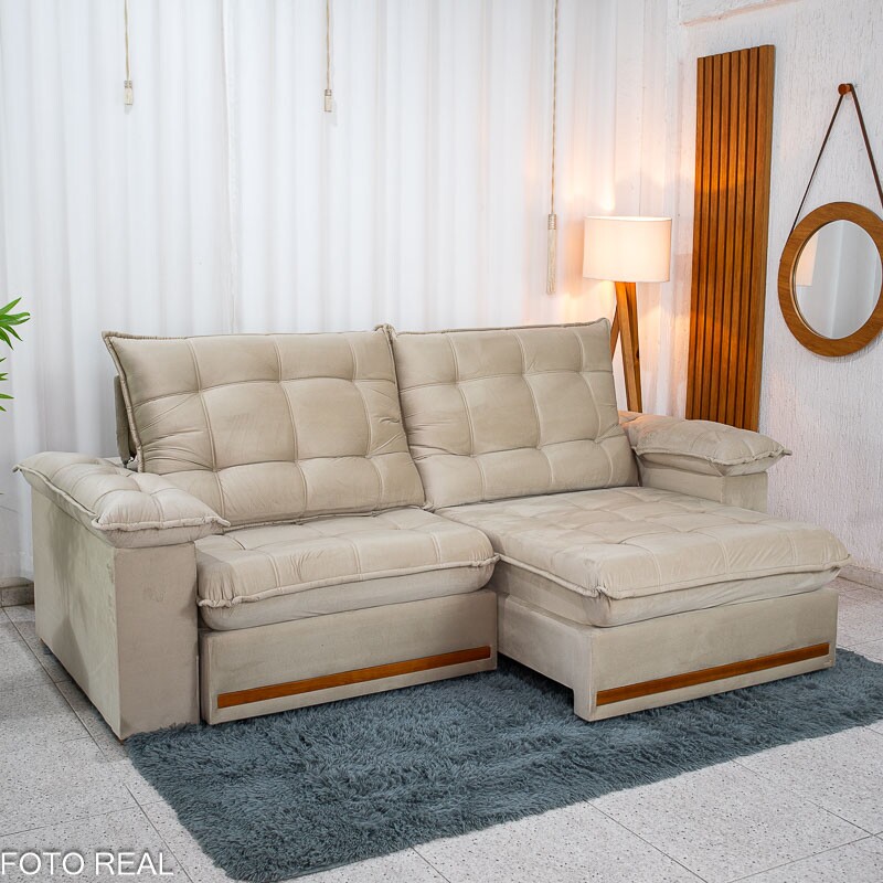 Sofá Retrátil Reclinável Mariana 2.50m Veludo Bege 334 - D33 e Molas Ensacadas - Imagem 4