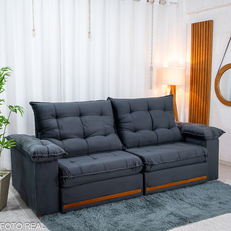 Sofá Retrátil Reclinável Mariana 2.50m Veludo Chumbo 330 - D33 e Molas Ensacadas - Imagem 3