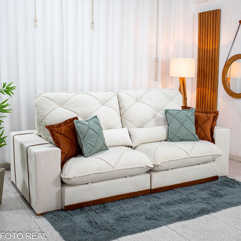 Sofá Retrátil Reclinável Texas 2.50m Boucle Bege - Molas Ensacadas - Imagem 3